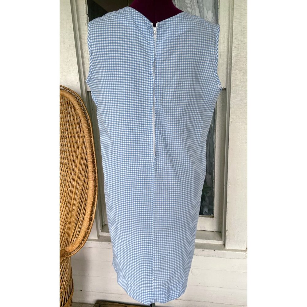 Vintage 1960s Blue White Gingham Checked Embroidered Cotton House Dress L/M - Picture 2 of 16